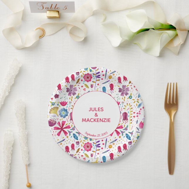 Plato De Papel Boda de acuarela de Hedgerow Wild Flowers (Boda)