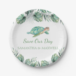 Plato De Papel Boda de acuarela de hojas tropicales de tortuga ma