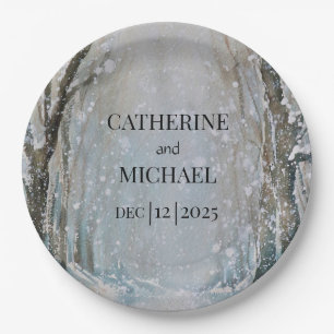 Plato De Papel Boda de acuarela de la selva de invierno rústica y