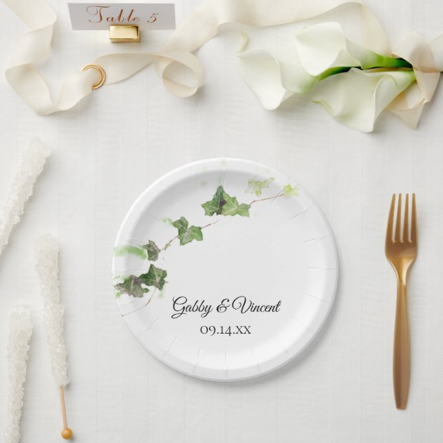 Plato De Papel Boda de acuarela de marfil verde inglés (Boda)