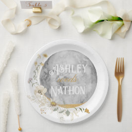 Plato De Papel Boda de acuarela de oro de flores silvestres de lu