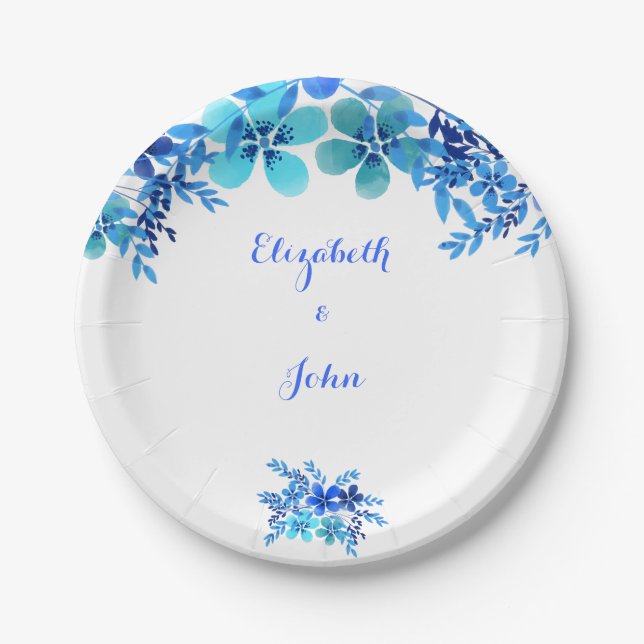 Plato De Papel Boda de acuarela floral azul y Aqua (Anverso)