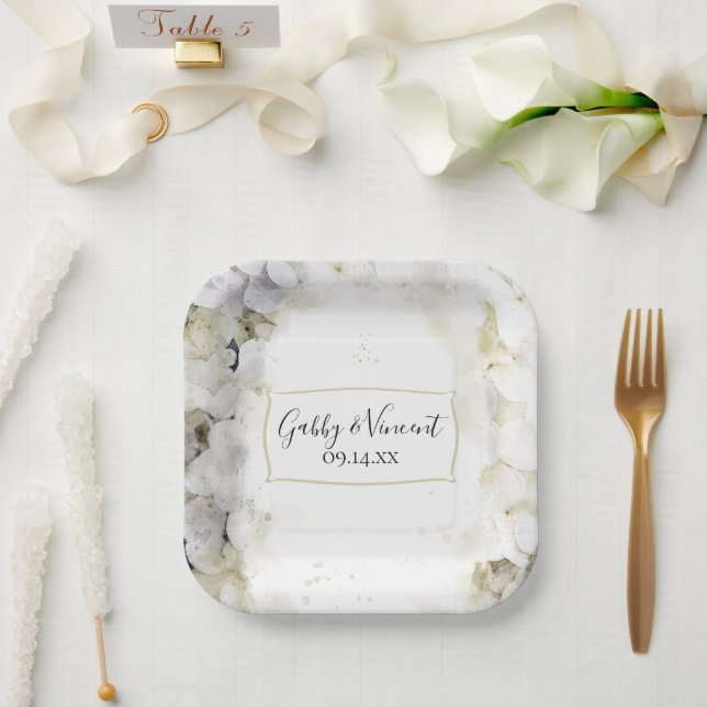 Plato De Papel Boda de acuarela floral de Hydrangea blanca (Boda)