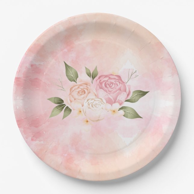 Plato De Papel Boda de acuarela floral rosa romántico (Anverso)