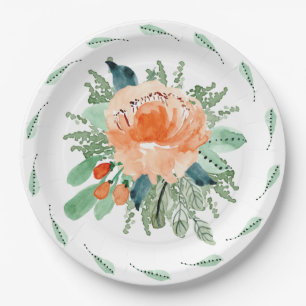 Plato De Papel Boda de acuarela floral Verde azulada de Peach Jad