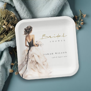 Plato De Papel Boda de acuarela moderna ducha de novias con traje