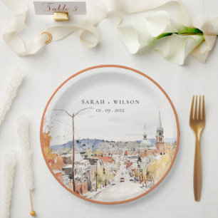 Plato De Papel Boda de acuarela Montpelier City Scape Vermont