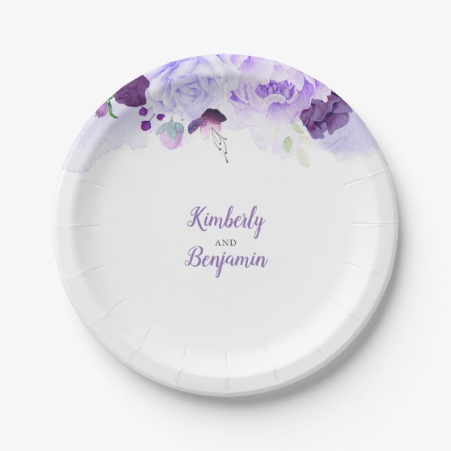 Plato De Papel Boda de acuarela morado floral (Anverso)