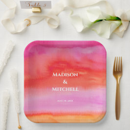 Plato De Papel Boda de acuarela Naranja rosa Garden Sunrise