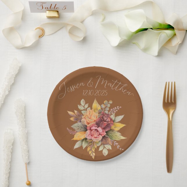 Plato De Papel Boda de acuarela rústica de Terracota otoño (Boda)
