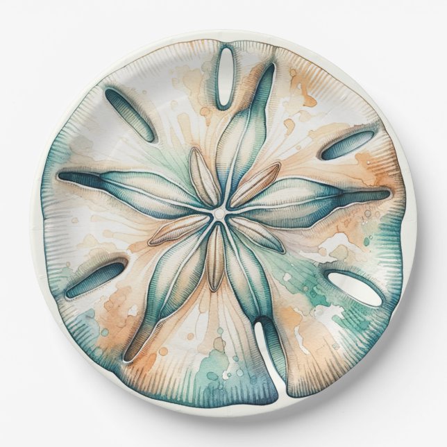 Plato De Papel Boda de acuarela Sand Dollar Ocean Splash Sea (Anverso)