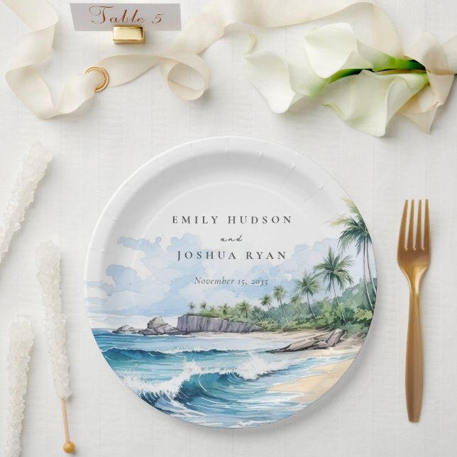 Plato De Papel Boda de acuarela tropical de playa (Boda)