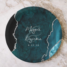 Plato De Papel Boda de ágata azul turquesa con guión de plata