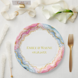 Plato De Papel Boda de Ágata Rosa Azul y Oro