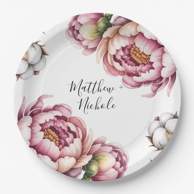 Plato De Papel Boda de Algodón Rosa y Blanco (Anverso)