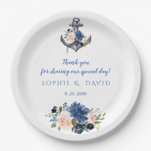Plato De Papel Boda de ancla floral azul Rubor rosa náutico