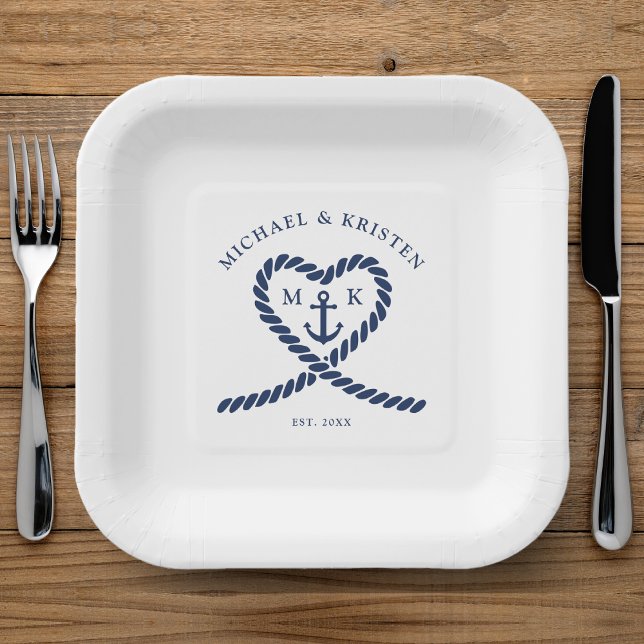 Plato De Papel Boda de Anclaje Cardíaco de Cuello Azul Blanco y N (White & Nautical Blue Rope Heart Anchor Wedding Paper Plates)