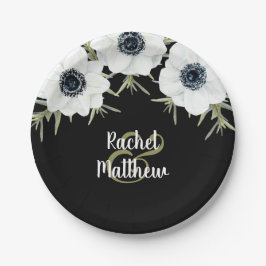Plato De Papel Boda de Anemones Floral Negra y Blanca