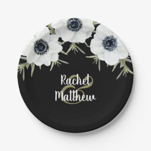 Plato De Papel Boda de Anemones Floral Negra y Blanca