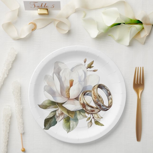 Plato De Papel Boda de Anillos Magnolias y Bodas de oro (Boda)