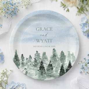 Plato De Papel Boda de árboles de pino verdes de nieve de inviern