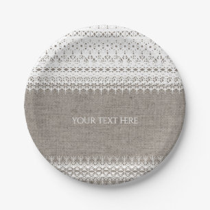 Plato De Papel Boda de arpillera rústica y encaje elegante