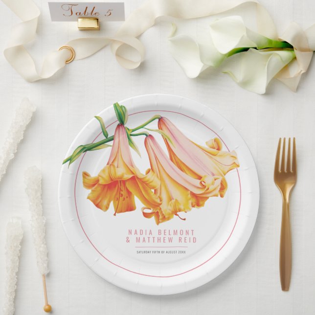 Plato De Papel Boda de arte florido rosado naranja (Boda)