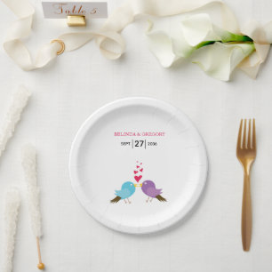 Plato De Papel Boda de Aves y Corazones de Amor