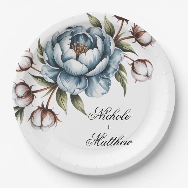 Plato De Papel Boda de azul polvoriento y algodón (Anverso)