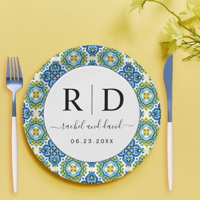 Plato De Papel Boda de azulejos azules y amarillos mediterráneos (Subido por el creador)