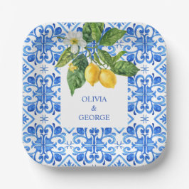 Plato De Papel Boda de azulejos azules y limones mediterráneos
