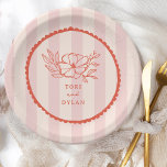 Plato De Papel Boda de banda tropical rosa floral<br><div class="desc">Ilustracion de flores de arte de línea roja con texto rojo y borde de vieiras dibujado a mano sobre fondo de franja rosa claro.</div>