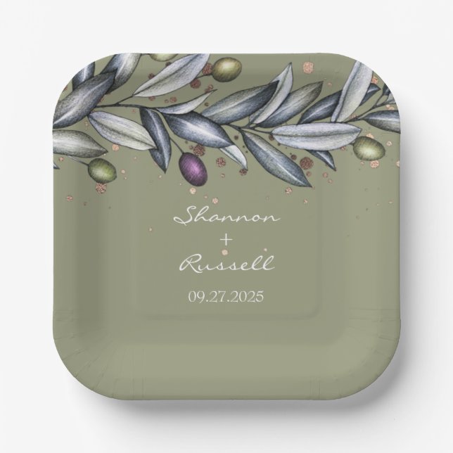 Plato De Papel Boda de bifurcación de aceitunas 7" Placa de papel (Anverso)