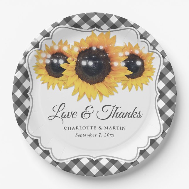 Plato De Papel Boda de Black Gingham Sunflower Love and Gracias (Anverso)