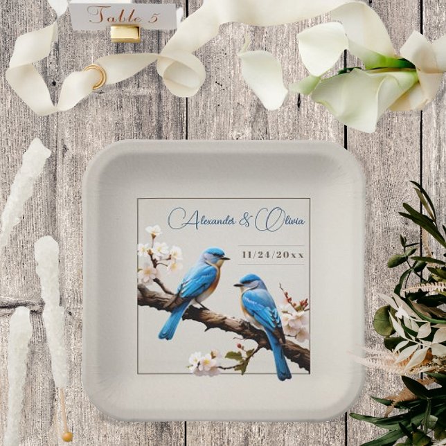 Plato De Papel Boda de Bluebirds de primavera (Spring Bluebirds Wedding Paper Plates)