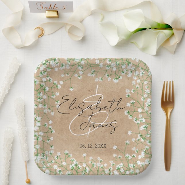 Plato De Papel Boda de Boho Farmhouse con flores de aliento para  (Boda)