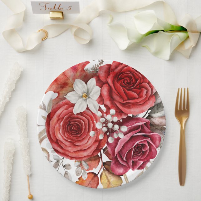 Plato De Papel Boda de Boho Red Autumn Florals (Boda)