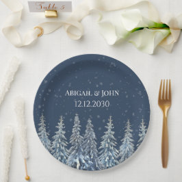 Plato De Papel Boda de bosque invernal rústico azul marino