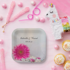 Plato De Papel Boda de Botones y Daisy de Gerbera Rosa