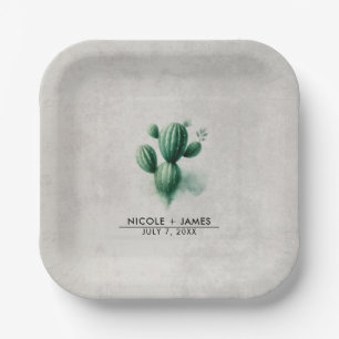 Plato De Papel Boda de Cactus Verde Acuarela Suroeste