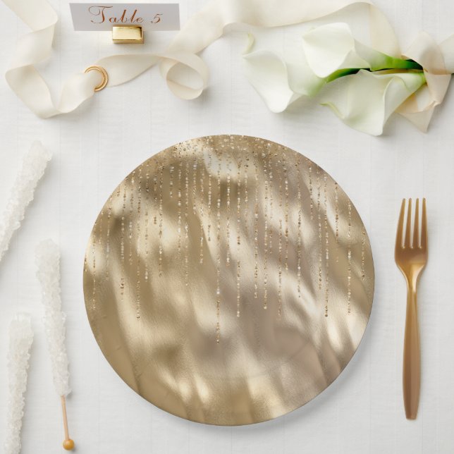 Plato De Papel Boda de cadenas de champagne Gold Glam Sparkle (Boda)