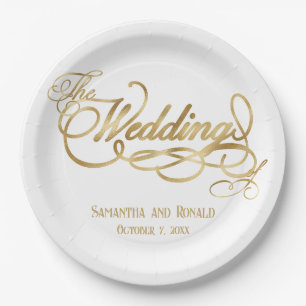 Plato De Papel Boda de Caligrafía en Blanco Elegante y Dorado Fal