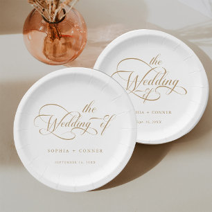 Plato De Papel Boda de caligrafía romántica de oro