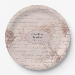Plato De Papel Boda de caligrafía vintage shabby-chic rosa dorado