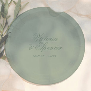 Plato De Papel Boda de Caligrafía Vintage Verde Salvia