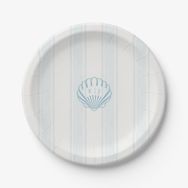 Plato De Papel Boda de caparazón de mar azul costero (Anverso)