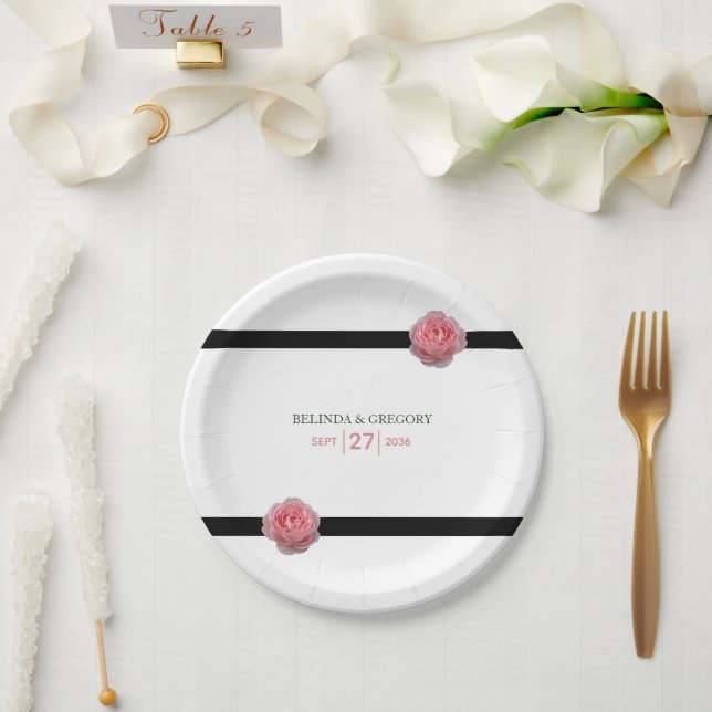 Plato De Papel Boda de cinta negra rosa rosa (Boda)