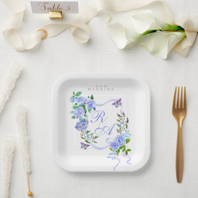 Plato De Papel Boda de cinta Rosa azul (Boda)