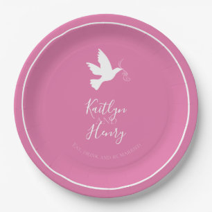 Plato De Papel Boda de cintas rosadas de ave voladora de paloma b