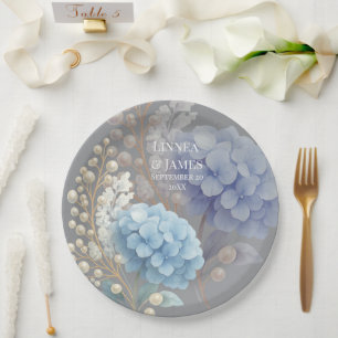 Plato De Papel Boda de color azul de Pearl Hydrangea romántica